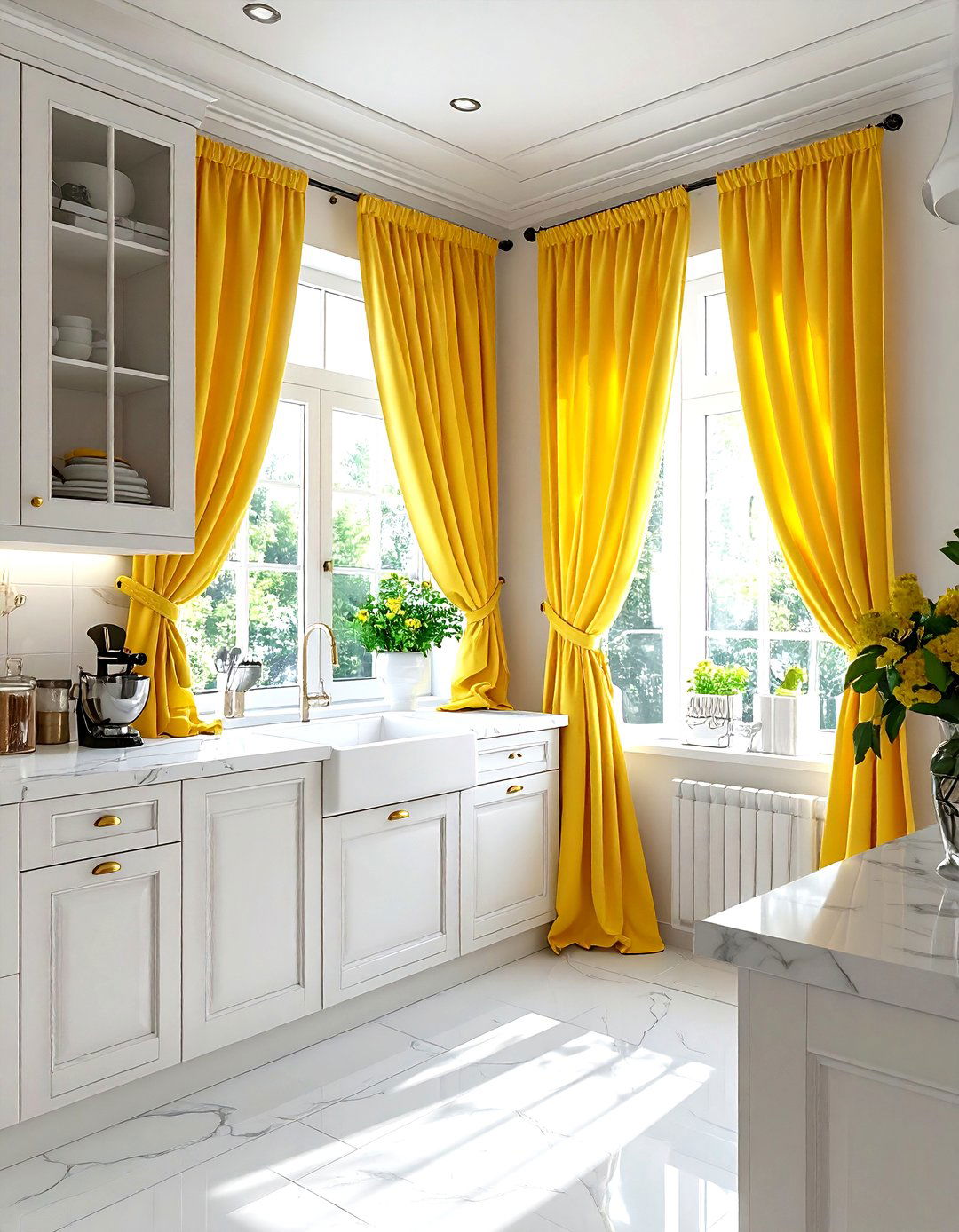 Yellow kitchen curtains - 30 yellow and white kitchen ideas