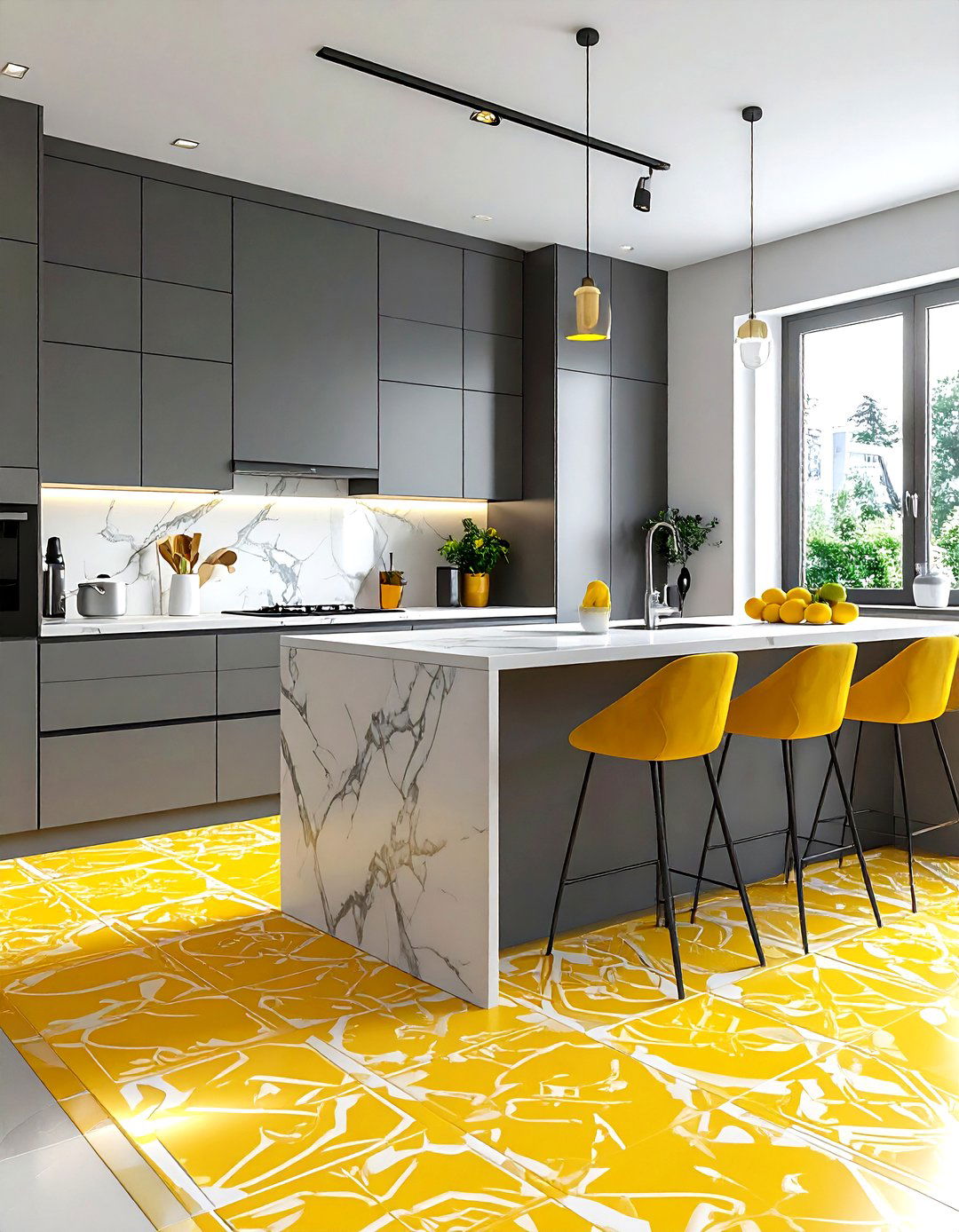 Yellow patterned floor tile in gray kitchen - 30 gray and yellow kitchen ideas