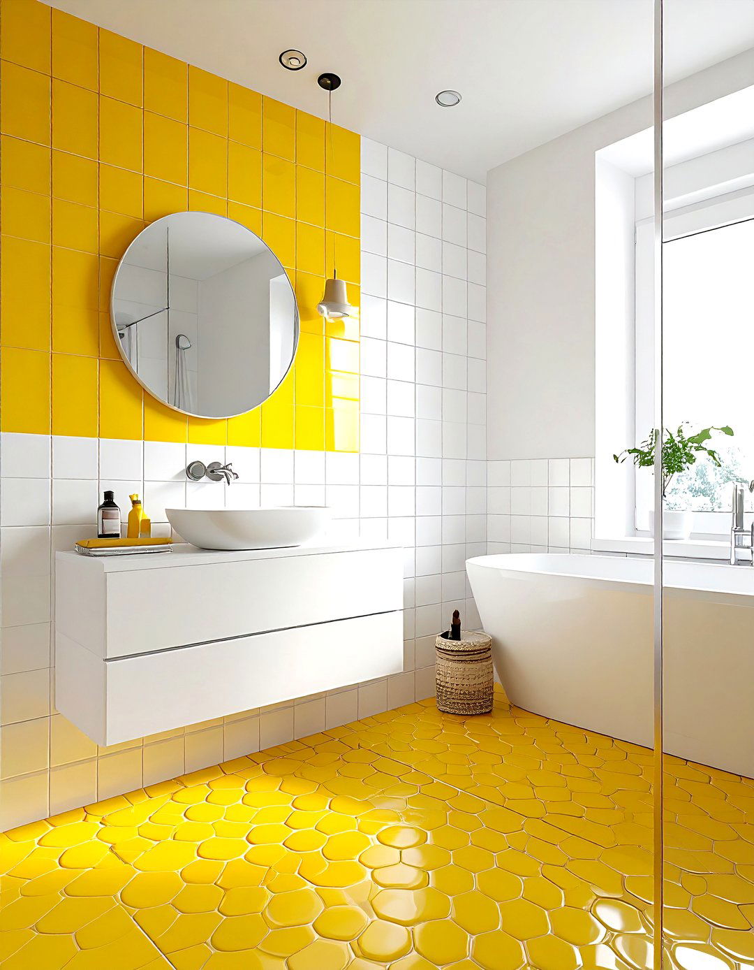 Yellow penny tile bathroom - 30 bright yellow bathroom ideas