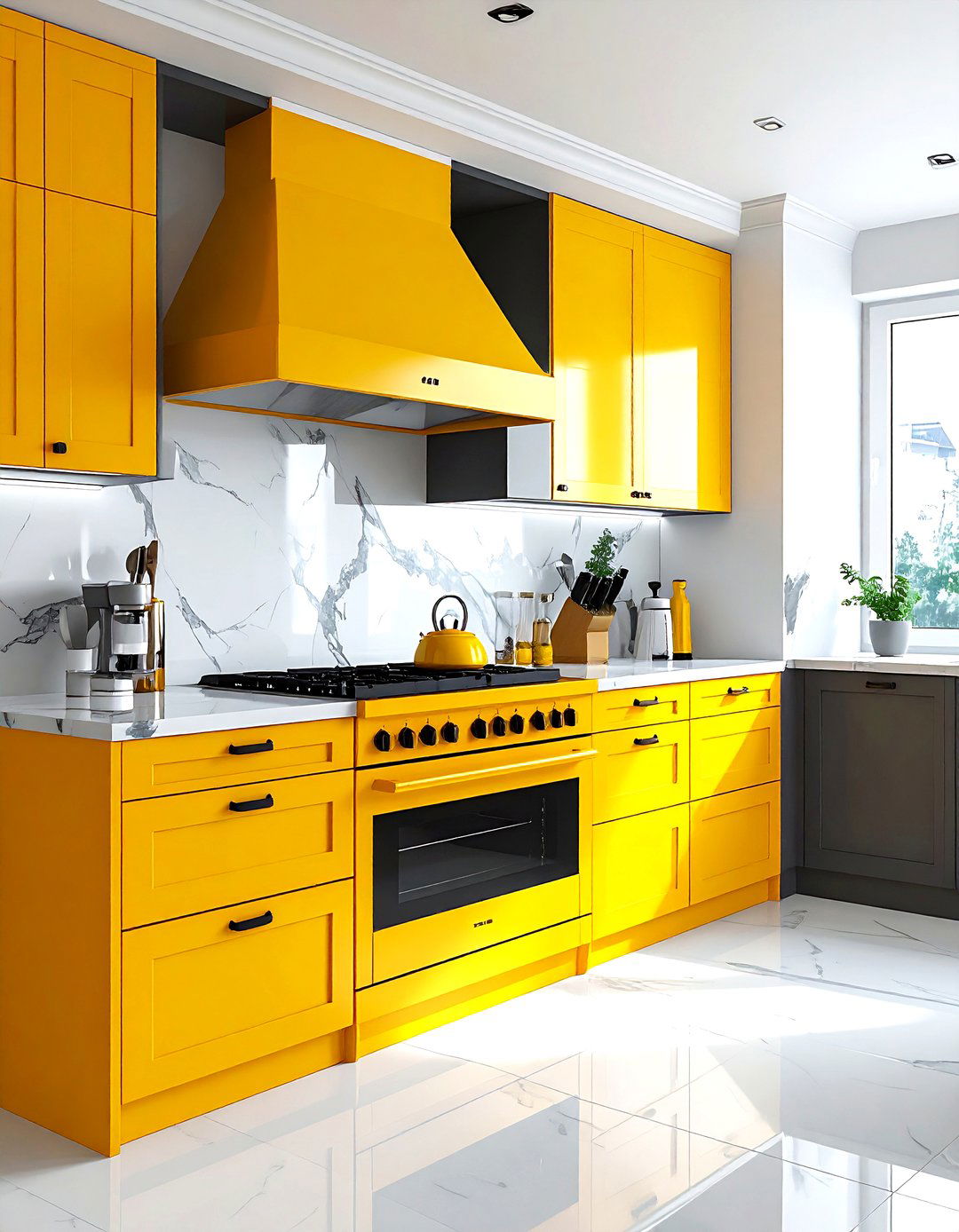 Yellow range cooker in gray kitchen - 30 gray and yellow kitchen ideas