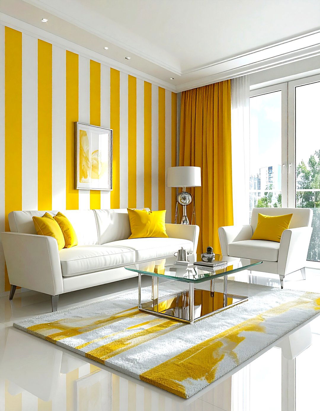 Yellow striped wallpaper living room - 30 yellow and white living room ideas