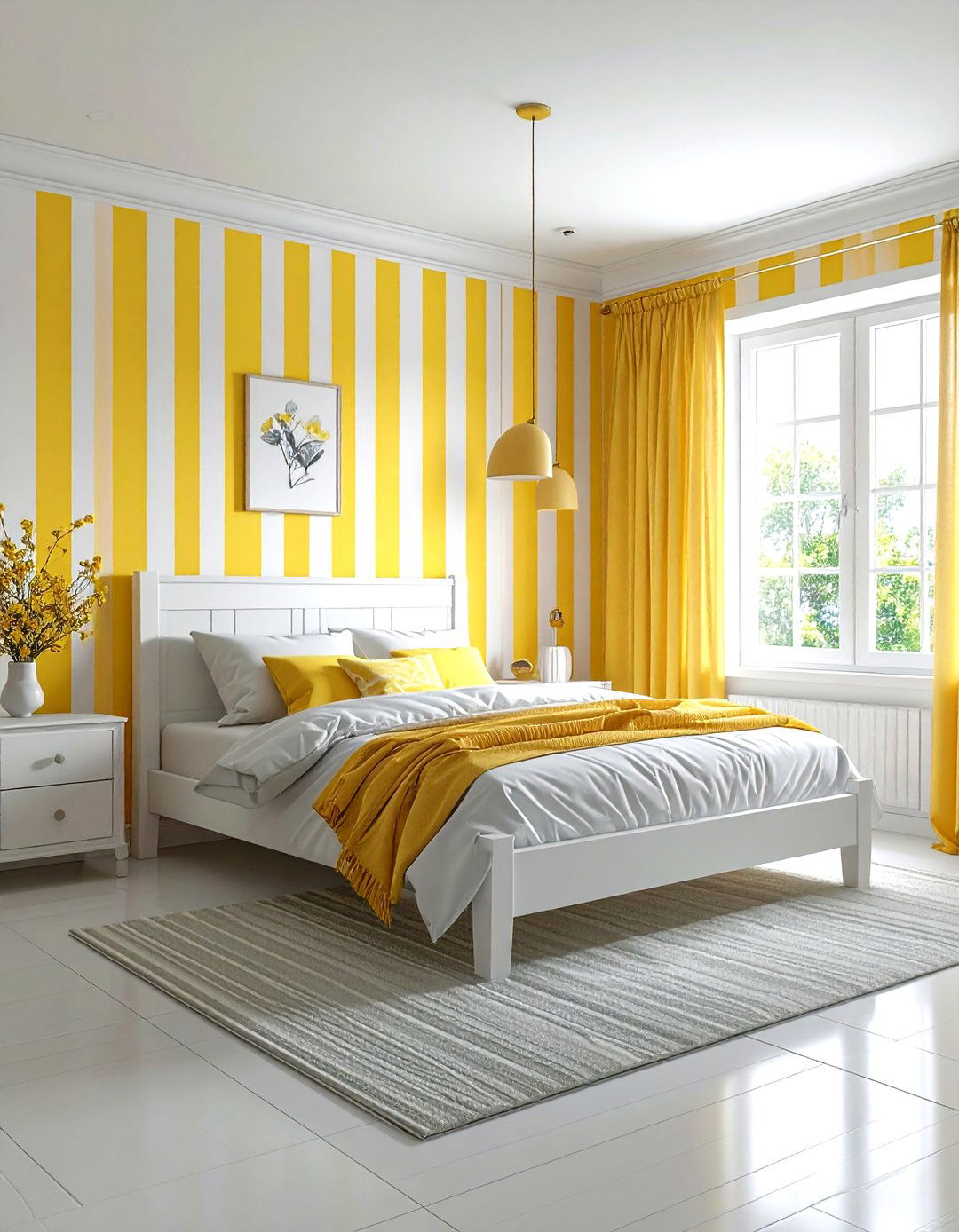 Yellow striped wallpaper - 30 yellow bedroom decor ideas