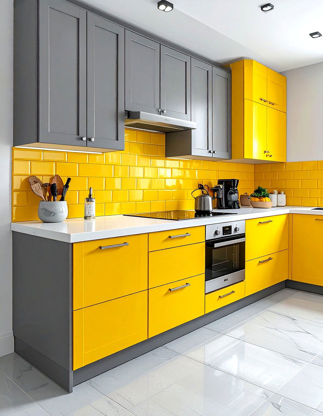 Yellow subway tile with gray cabinetry - 30 gray and yellow kitchen ideas