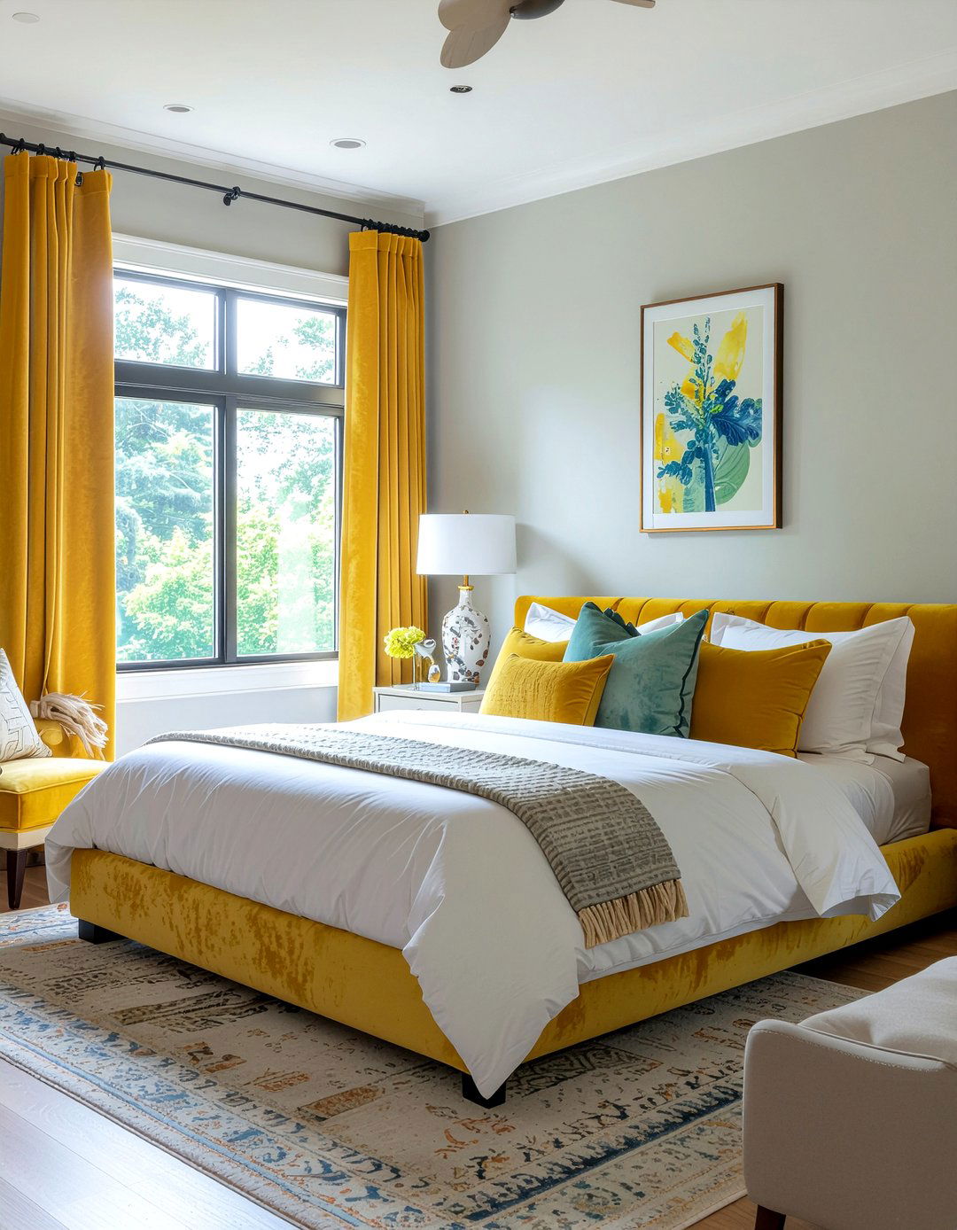 Yellow velvet window treatment - 30 velvet bedroom ideas