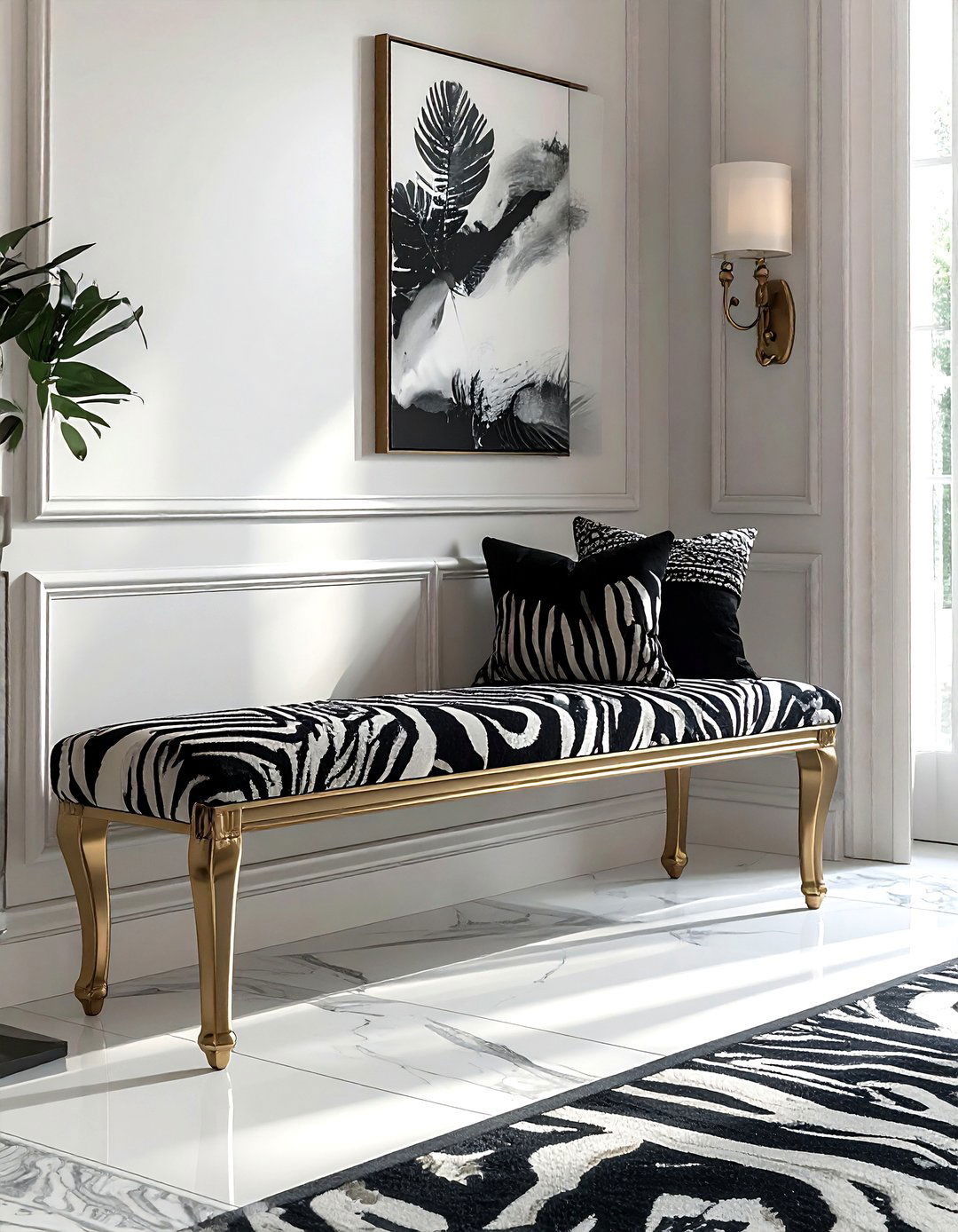 Zebra Print Bench - 30 Hollywood regency decor ideas