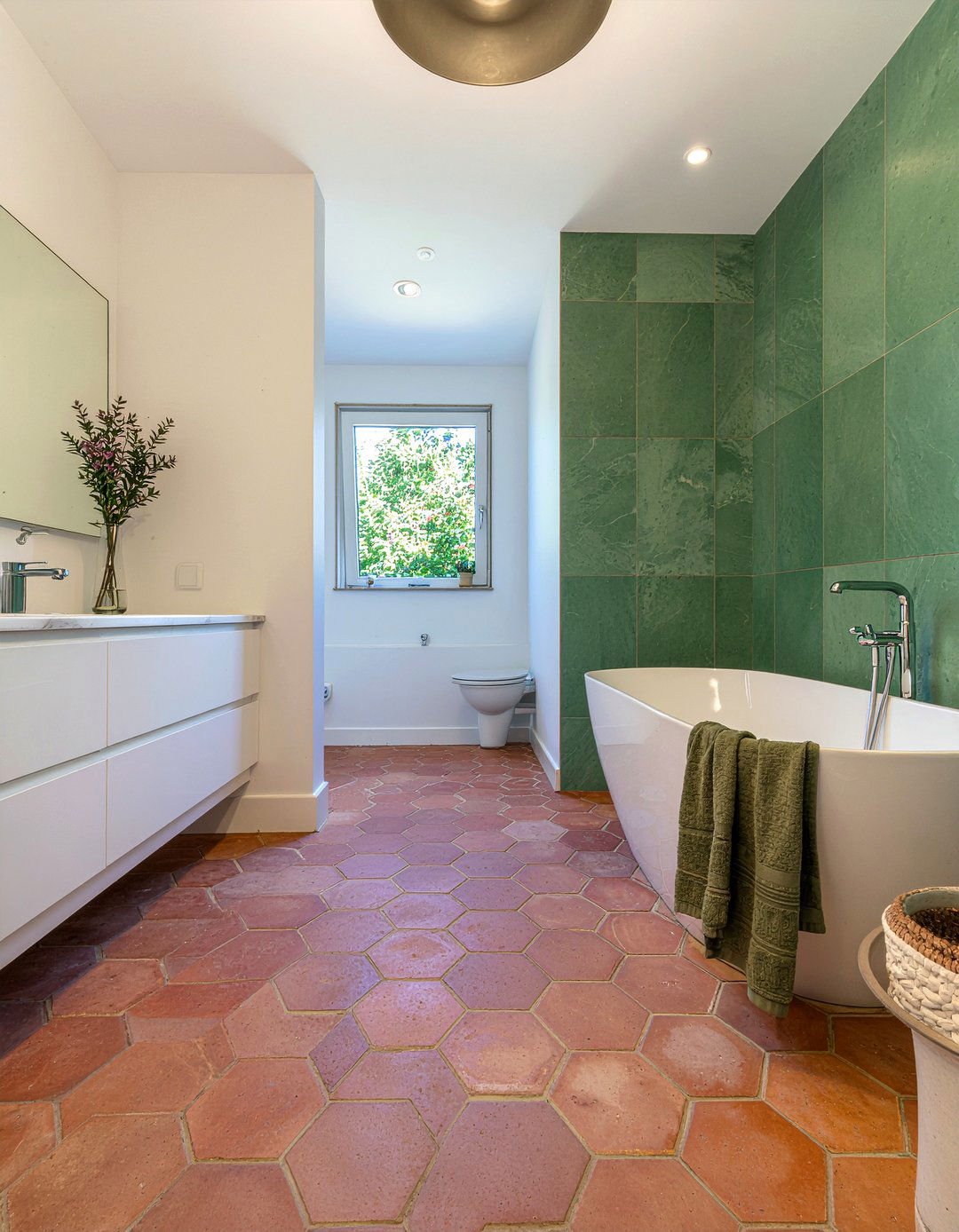 Zellige and terracotta tile - 30 mixed tile bathroom ideas