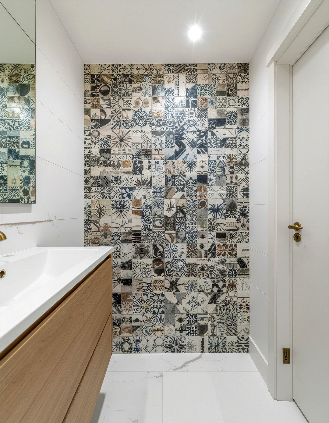 Zellige tile and abstract wallpaper - 30 bathroom pattern mixing ideas