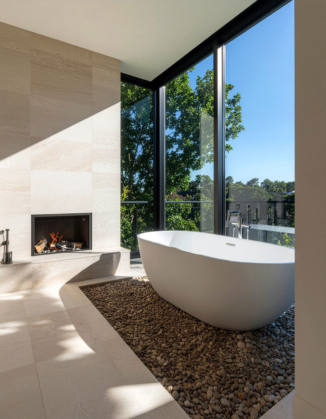 Zen Bathroom Design With Pebbles And Fire - 30 freestanding tub with fireplace ideas